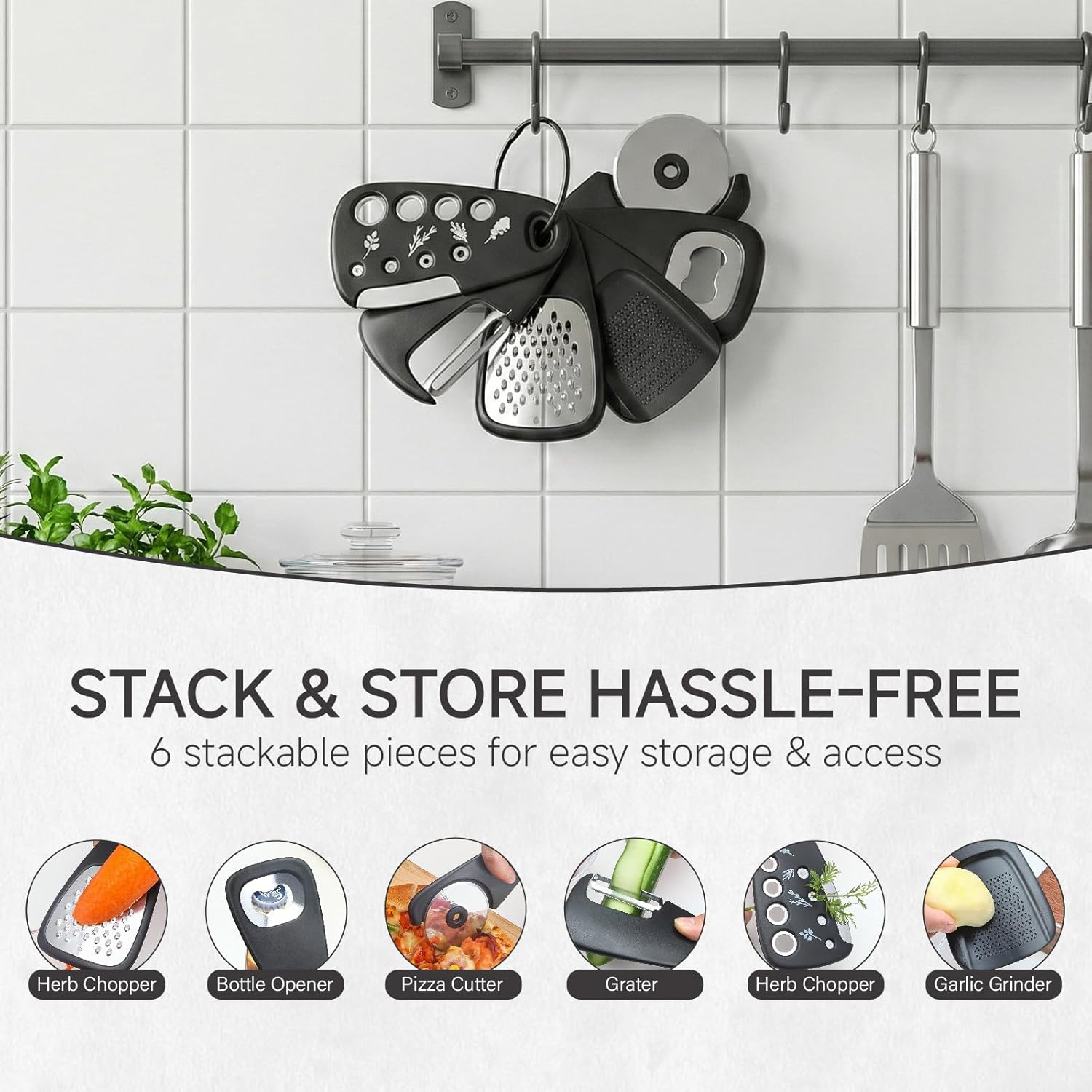 JDFHFGB 6-Piece Unique Kitchen Gadgets Set - Space Saving Stackable Cooking Tools with Grater Peeler Pizza Cutter, Essential for Home Cooks, Chefs, Men, Dad and Camping RV image number 1