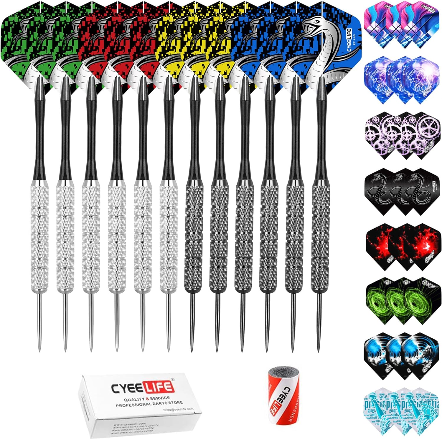 Cyeelife Steel Tip Darts 20G,Nylon Shafts+36 Flights(12 Designs)+Sharpener,For 4 Beginners
