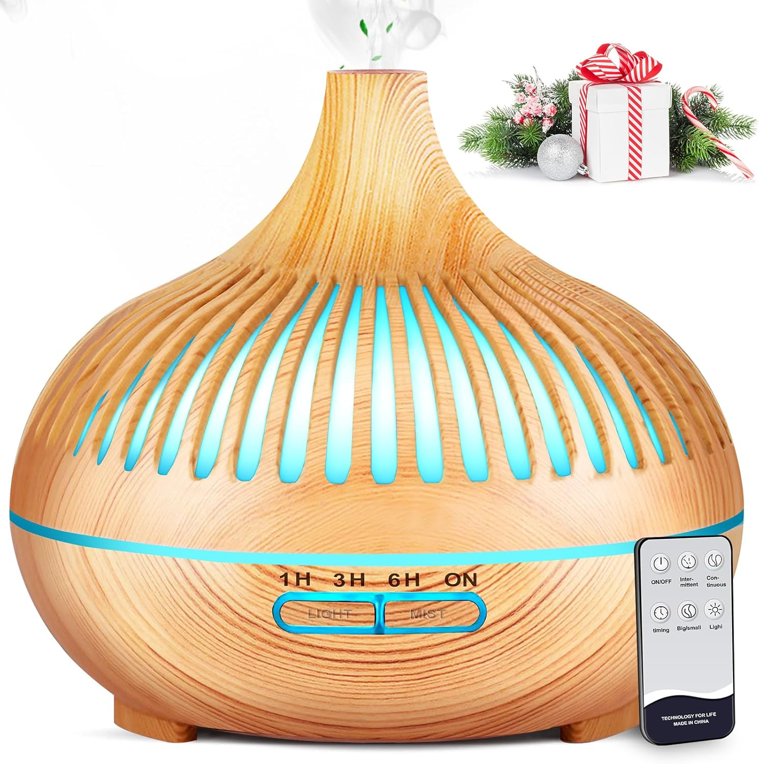 Essential Oil Diffuser, Sunfuny 550Ml Aromatherapy Diffuser Air Humidifier with Remote Control, Aroma Oil Vaporiser, Ultrasonic Fragrance Defuser with RGB LED Light, Xmas Gift (Hollow Dark Wood Grain)