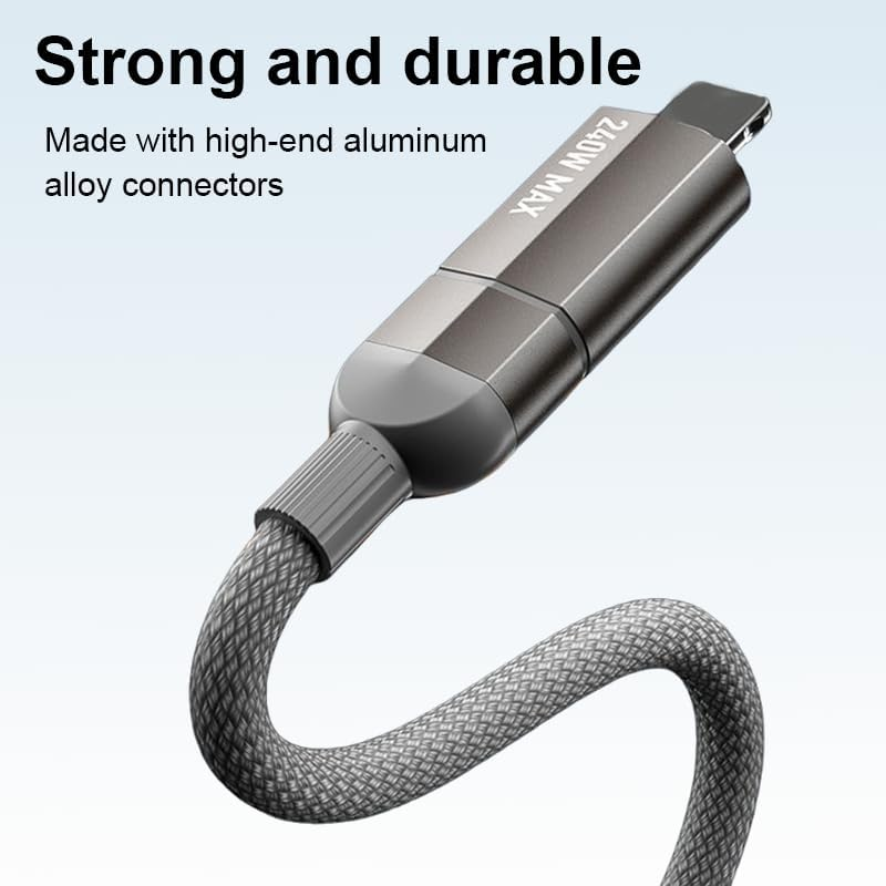 AMITOME 240W 4 in 1 Magnetic Coiled Cable 1.2M,USB A/C to USB C and IP Port Nylon Braided Mfi Certified Fast Charging Cord Compatible with Air 17 16 15 14 Pro/Macbook/Samsung and More-Black