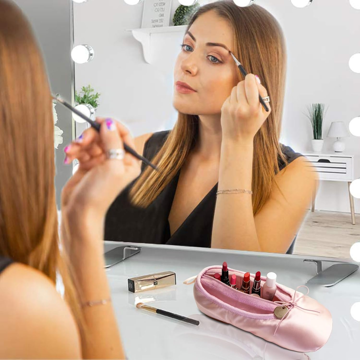 PWQEIONC Ballet Dance Shoe Small Makeup Bag, Small Cosmetic Bag for Purse, Portable Cute Travel Makeup Pouches, Pink Mesh Makeup Organizer Bag, Pink, Small Cosmetic Bag for Purse image number 2