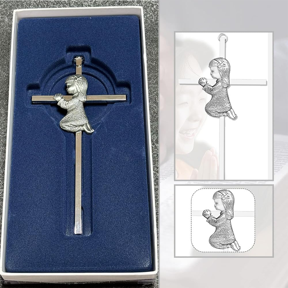 Silver Girl Wall Cross,Praying Boy Plaque Wall Decor Cross,Great for Baptism,Birthday and Christening (Girl) image number 5