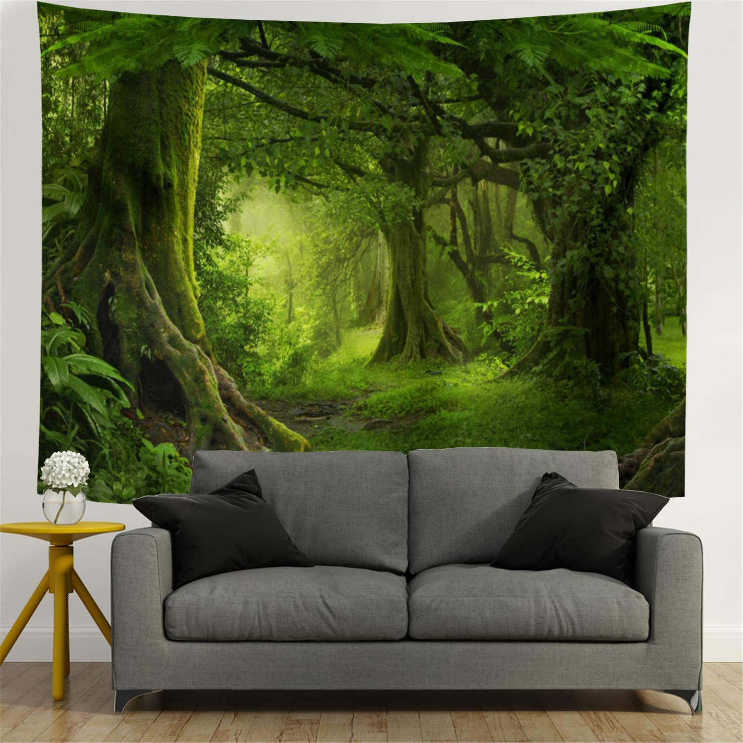 Lahasbja Virgin Forest Tapestry Green Tree in Misty Forest Tapestry Wall Hanging Nature Scenery Wall Tapestry Decor for Living Room Bedroom (XL/70.8"&times;92.5", Green Trees) image number 2