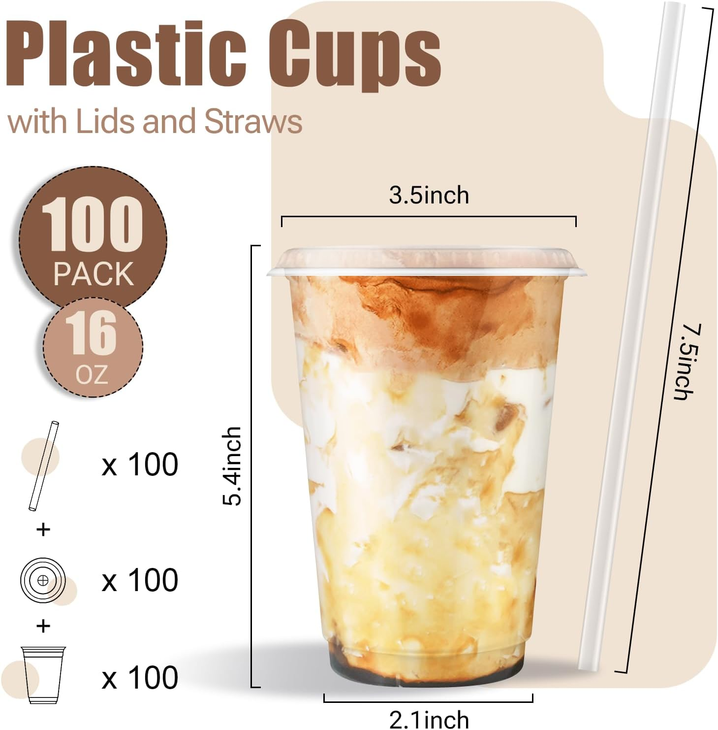 100 Pack 16 Oz Reusable Plastic Cups with Lids and Straws, Reusable Clear Party Coffees Cups for Wedding Party, Cold Beverages, Iced Coffee, Smoothies, and Leak-Proof, Durable, Bpa-Free