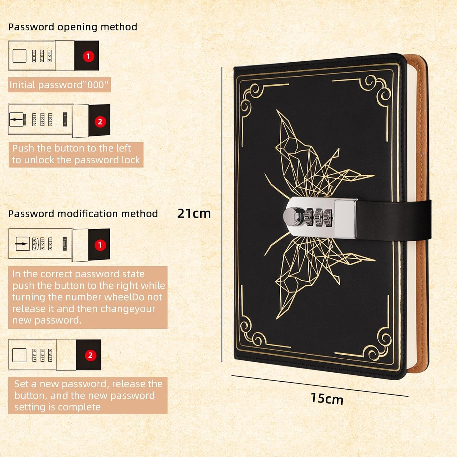 Literary Vintage Locking Leather Notebook,Beautiful Butterfly Pattern Compass, A5 Notebook for Women and Men image number 6