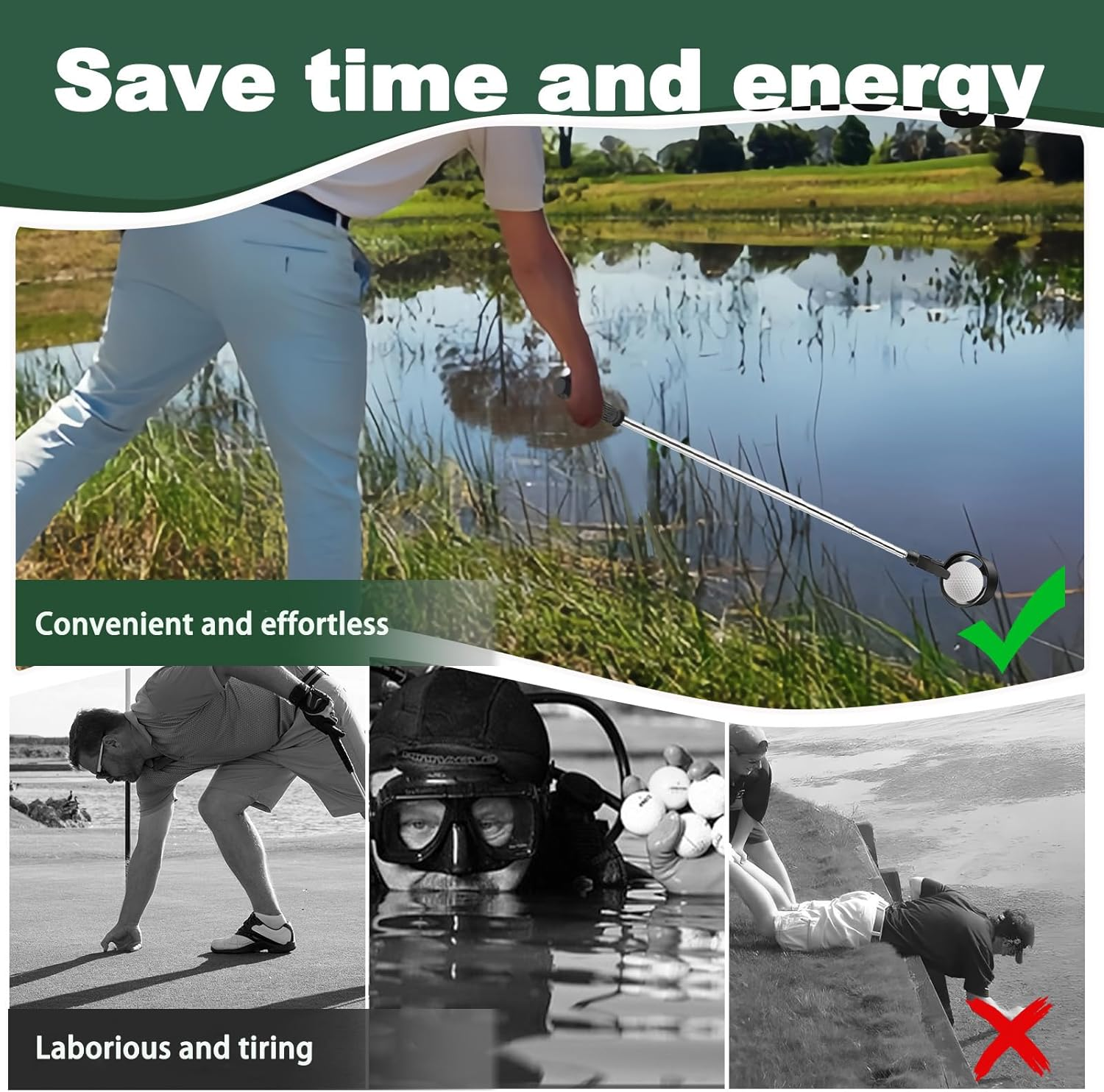 Huakaile Stainless Steel Golf Ball Retriever Telescopic for Water, 78.7" Extendable Golf Ball Grabber with Locking Scoop, Golf Ball Picker Upper Tool Accessories for Golfer Women Men Black