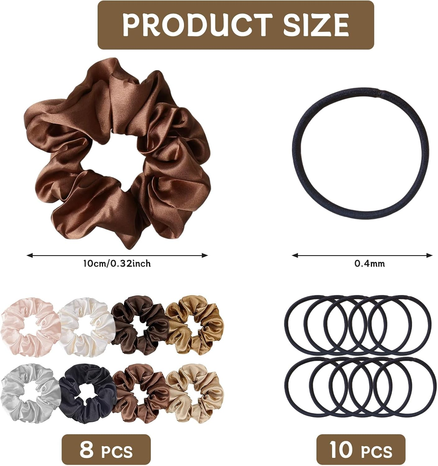 Pack of 18 Elastic Silk Brown Hair Bobbles, Satin Dark Hair Bobbles, Scrunchies Set, 4 Mm Black Stretch Hair Bands, Ponytail, Classic Large Silk Hair Scrunchies for Girls, Mother, Friends image number 5