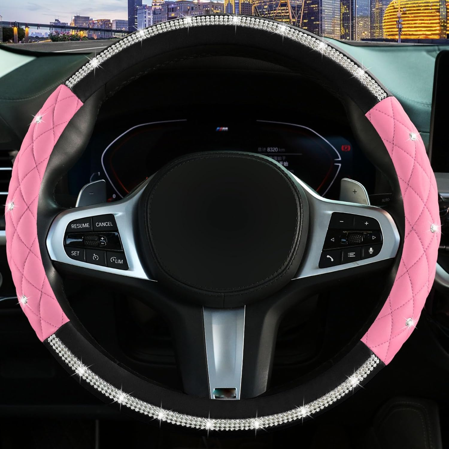 New Diamond Leather Steering Wheel Cover with Bling Crystal Rhinestone, Delicate and Anti-Slip Sparkly ，Fit 14" 1/2-15" Car Wheel Protector for Women Girl ，Black & White Diamond