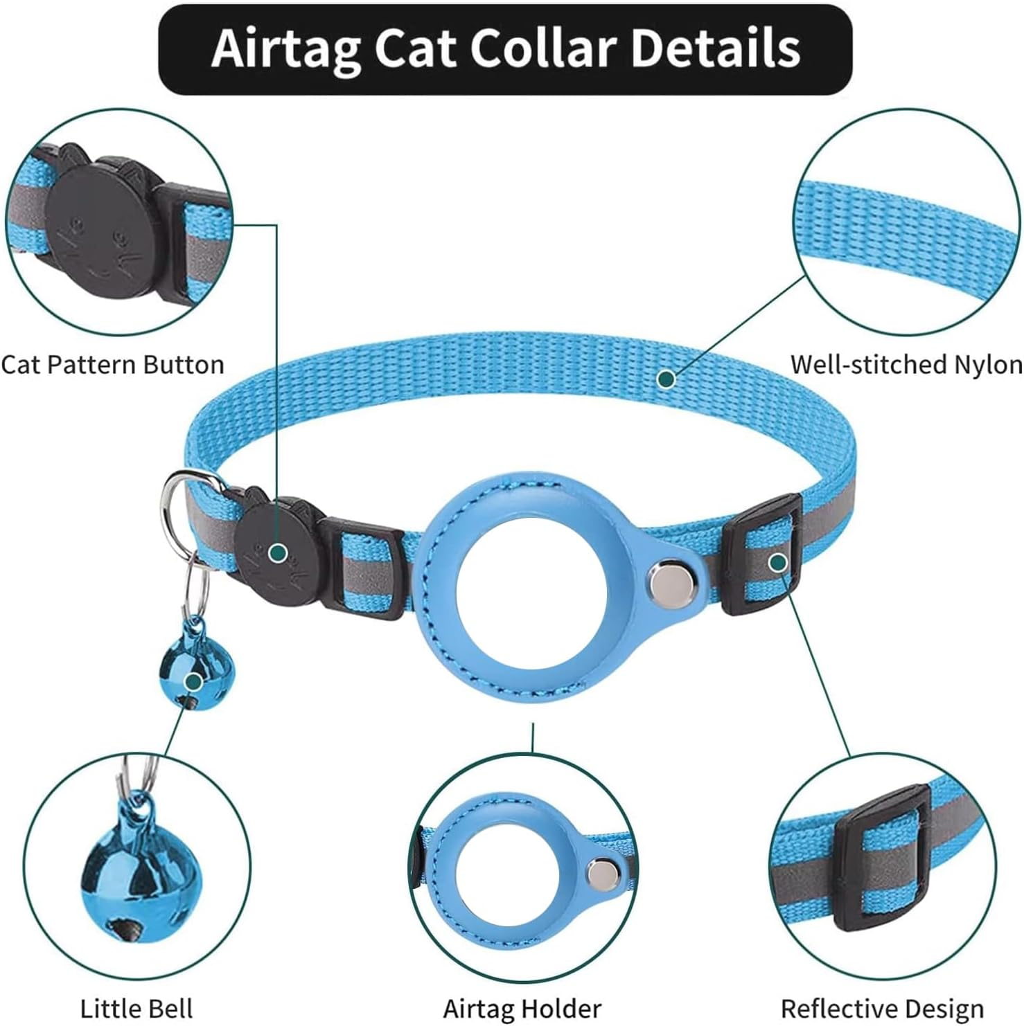 3 PCS Airtag Cat Collars, Reflective Kitten Collar with Breakaway Bell, Dog Collar Accessory with Safety Buckle for Apple Air Tag, Cat Collar Waterproof Airtag Holder Quick Release for Puppy (PK) - Bl image number 4