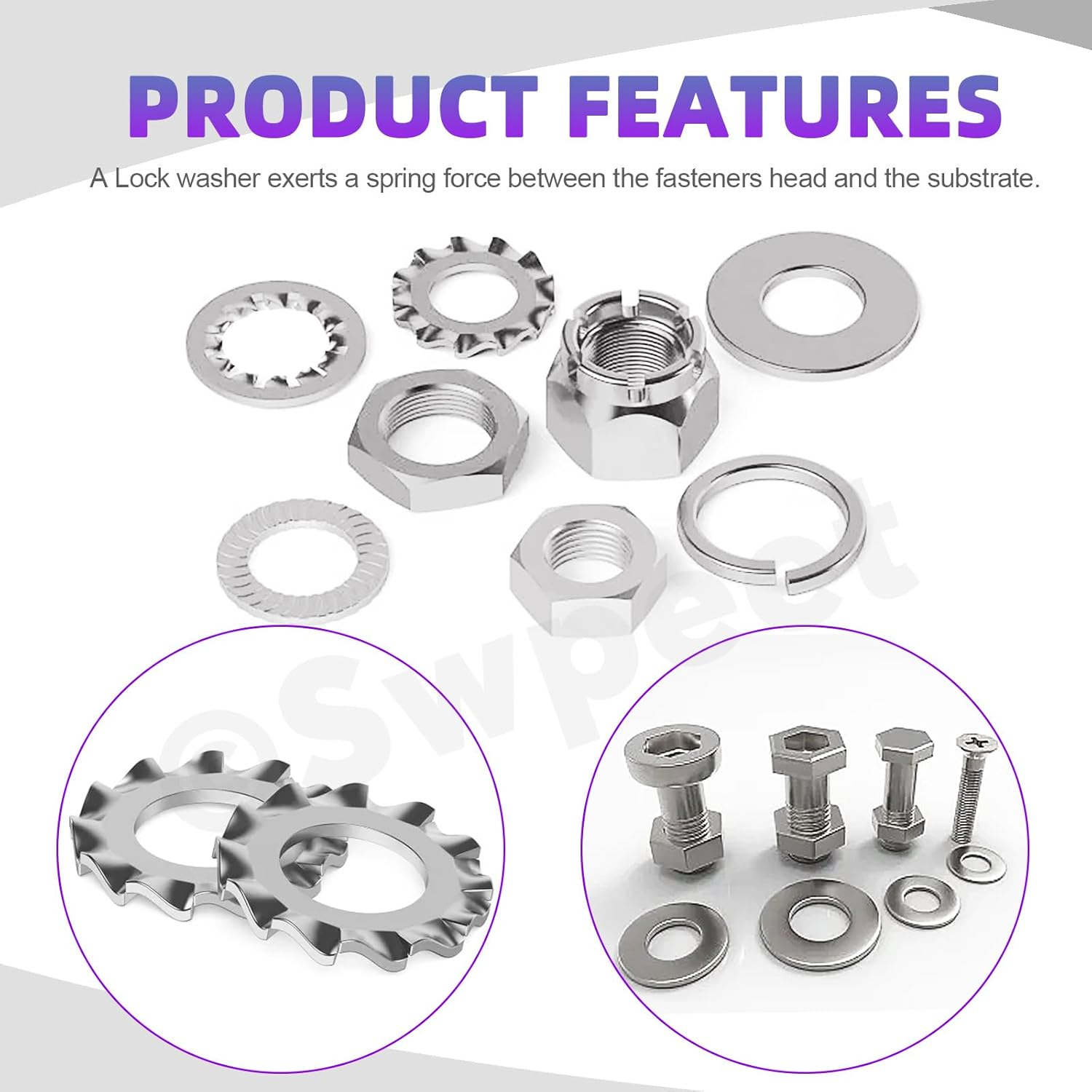 Swpeet 400Pcs 4 Styles M3 M4 M5 M6 M8 M10 Stainless Steel Lock Washers Assortment Kit, External Tooth Washers, Internal Tooth Serrated Lock/Split Lock/Flat Washer for Bolts image number 6