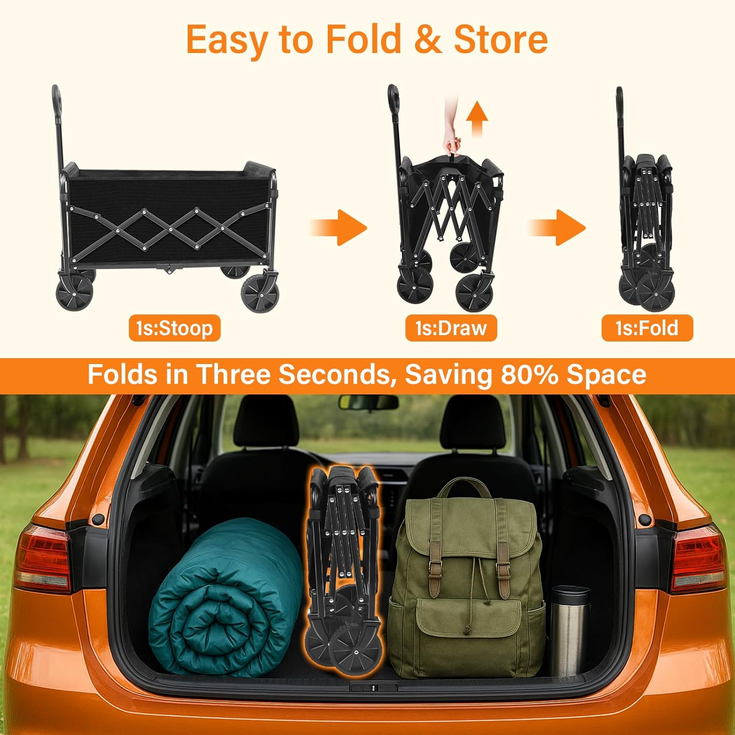 Folding Wagon Cart with Wheels, Lightweight Portable Wagons Carts Foldable 360 Lbs, Collapsible Wagon with Flexible Handle for Grocery Beach Sports Garden Shopping Camping image number 2