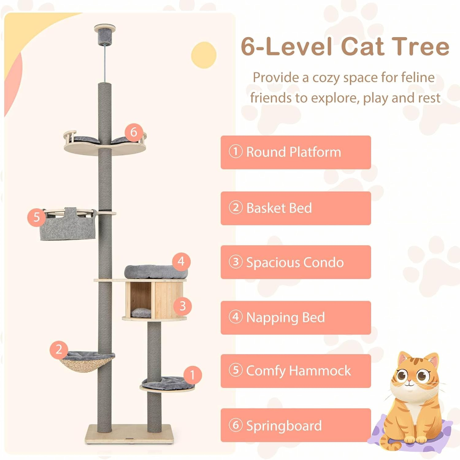 Costway 6-Tier Floor-To-Ceiling Cat Tree, 255-280Cm Adjustable Height, Tall Cat Tower with Cat Condo, Hammock, Scratching Posts, Springboard, Platform, Cat Climbing Activity Center for Indoor Kittens image number 1