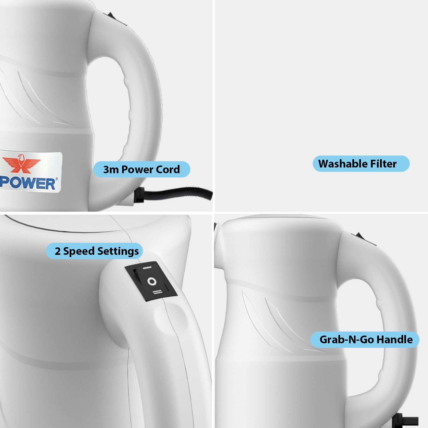 XPOWER Electric Air Duster for Dusting Drying Inflating Blowing Car Detailing Computer Leaf Blowing (White, A-2S) image number 3