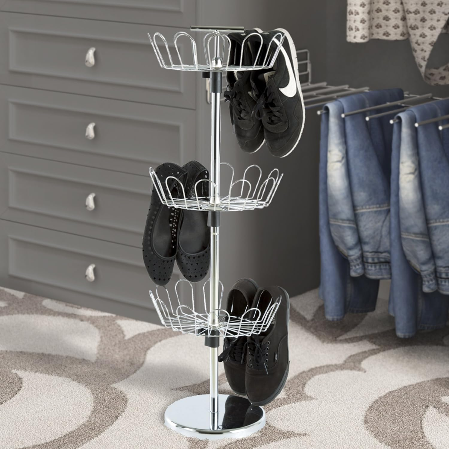 Lavish Home Three Tier Revolving Shoe Tree Orgainzer Rack with Chrome Finish By image number 2