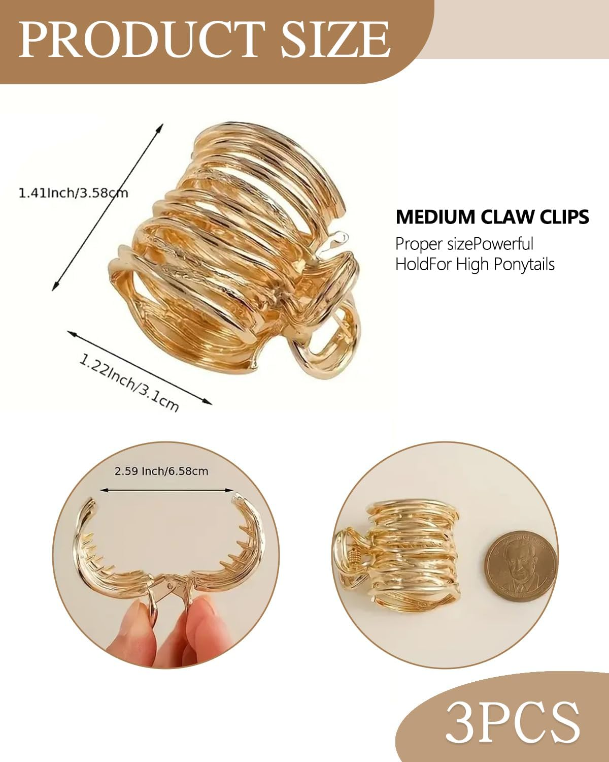 KGDUYC High Ponytail Clips, 3 Pieces Metal Hair Clips for Improved Hairstyle, Fashionable Hair Accessories, High Ponytails and Thick Hair, Gold/Silver/Black image number 5