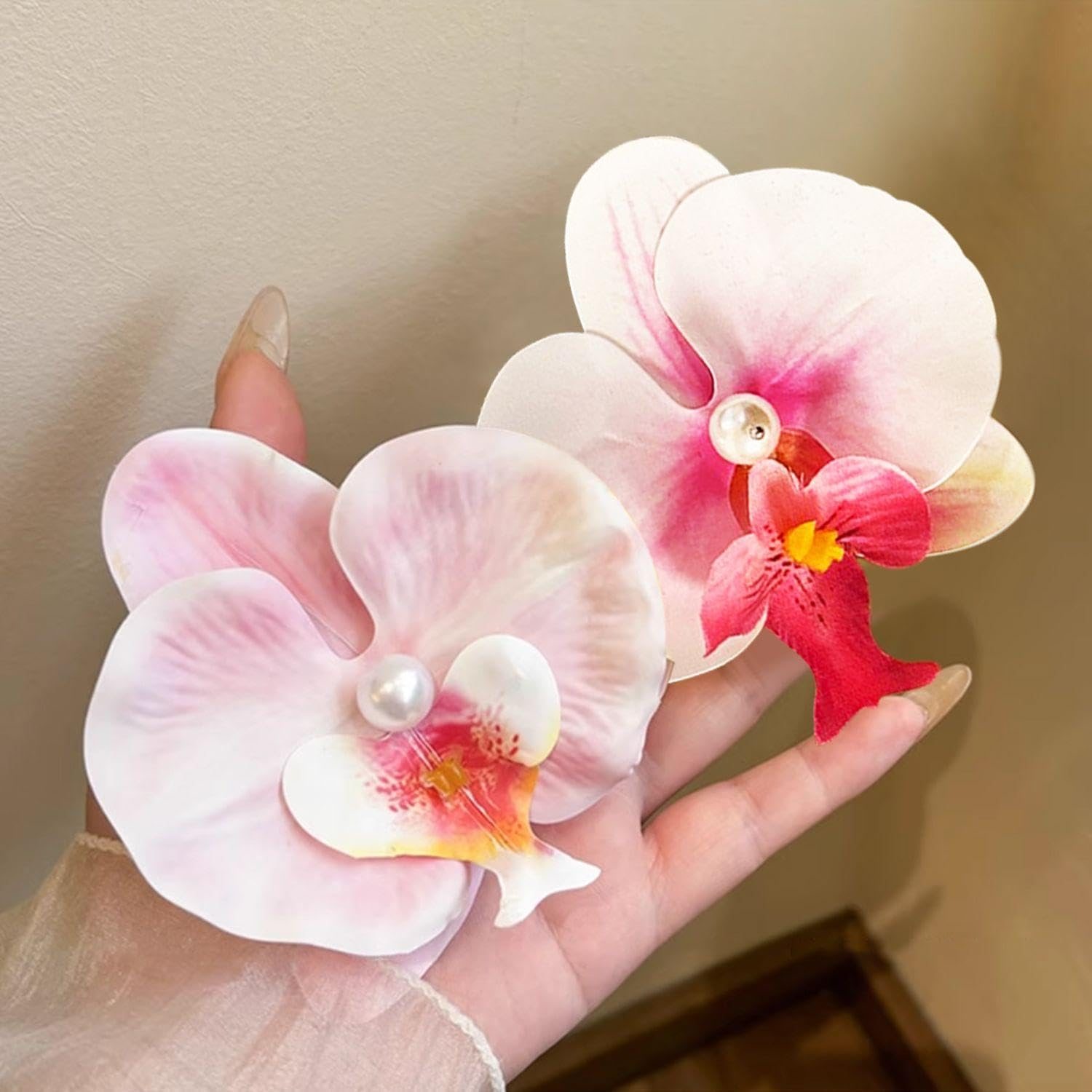 Pack of 2 Large Flower Blossom Hair Clips, 2 Pieces Flower Pearl Hair Clips, Orchid Blossom Hair Clips, Bohemian Flower Hair Clips, Butterfly Orchid Hair Clips, Hair Accessories Flowers image number 3