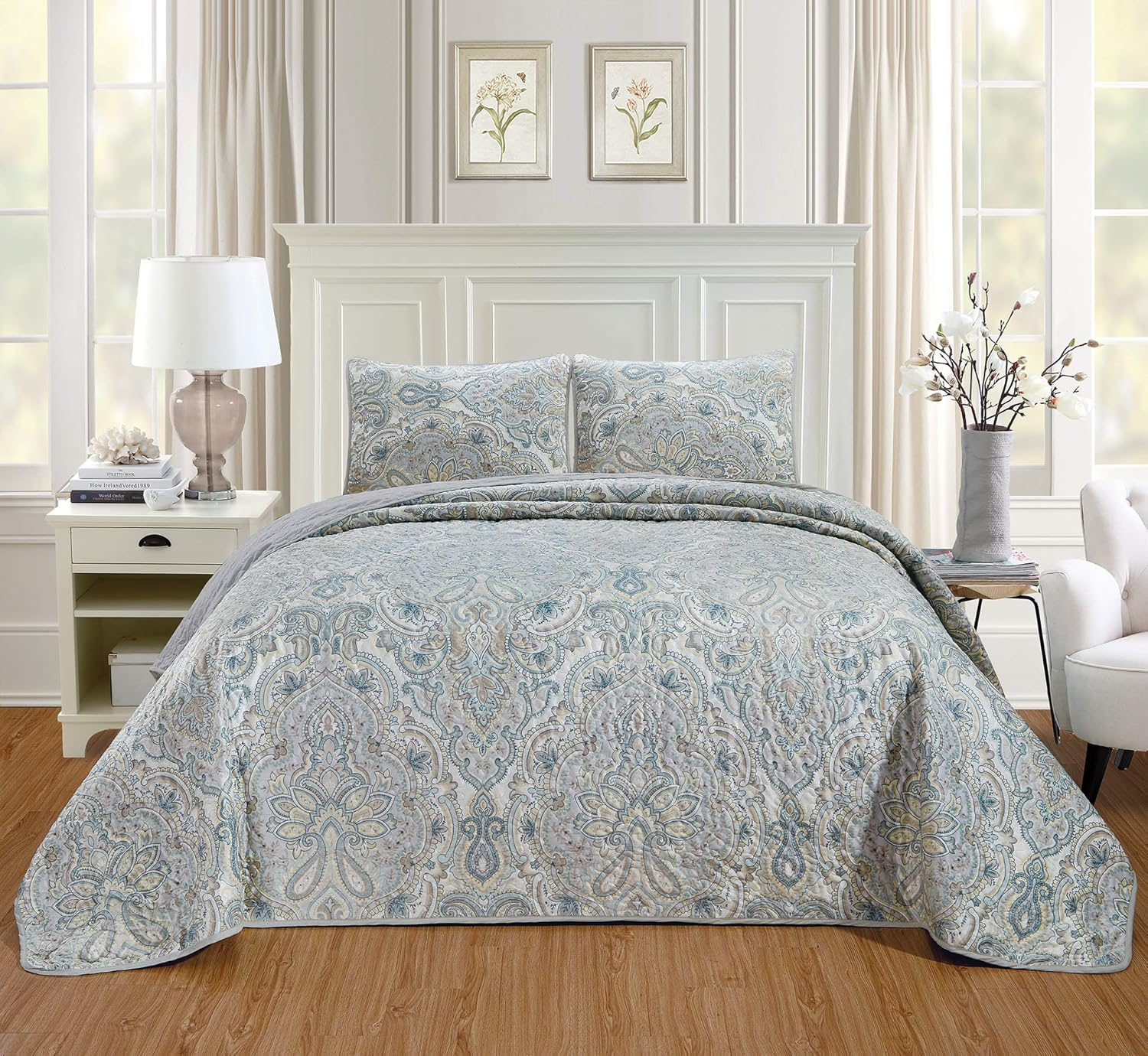 Grandlinen 3-Piece Fine Printed Oversize (100" X 95") Quilt Set Reversible Bedspread Coverlet Queen Size Bed Cover (Grey, Teal Blue, Medallion)