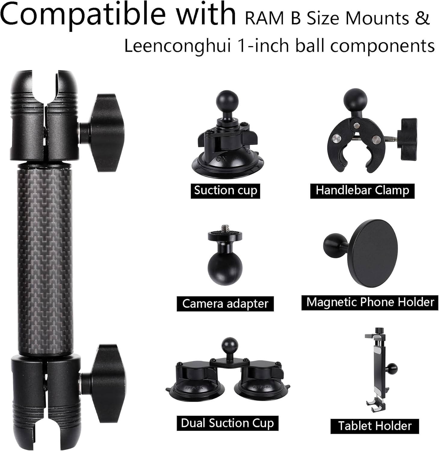 Carbon Fiber Expansion（5.9"/15Cm） Double Socket Arm for 1"/25Mm Ball Powerful Clamp，Compatible with RAM B Size Ball Mount image number 3