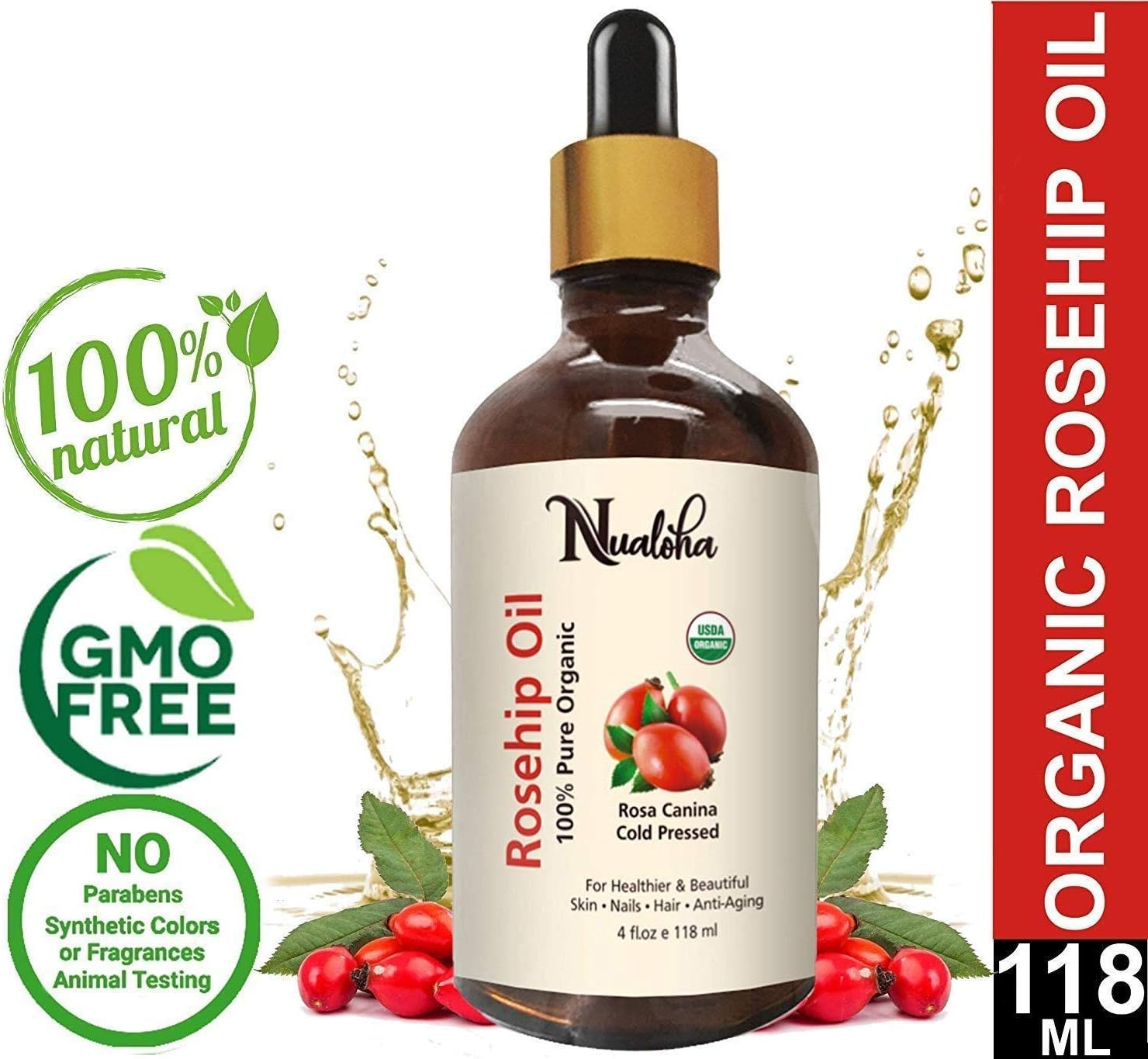 Nualoha Organic Rosehip Seed Oil, 118 ML, USDA 100% Pure Cold Pressed Natural Moisturizer Oil for Face Nails Hair Skin Women and Men image number 2