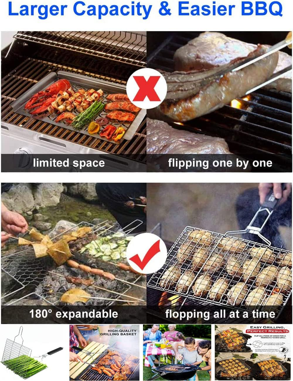 Barbecue Grill Basket with Handle, Stainless Steel Vegetable Grill Basket Value Set, Portable Fish Barbecue BBQ Grilling Basket, Foldable Non Stick Wire Mesh Net Clip for Steak Outdoor Camping (32CM) image number 3