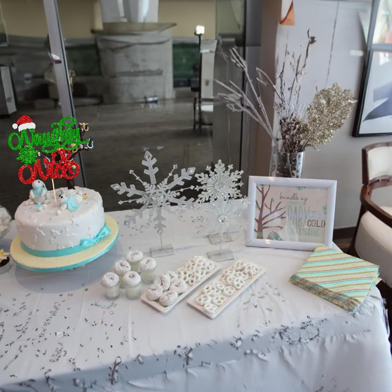 Gyufise 1Pc Naughty or Nice Cake Topper Red Green Glitter Santa Hat Snowflake Christmas Cake Decoration for Naughty Merry Christmas Theme Birthday Baby Shower Party Happy New Year Party Supplies - Multicolor-25Pcs image number 4