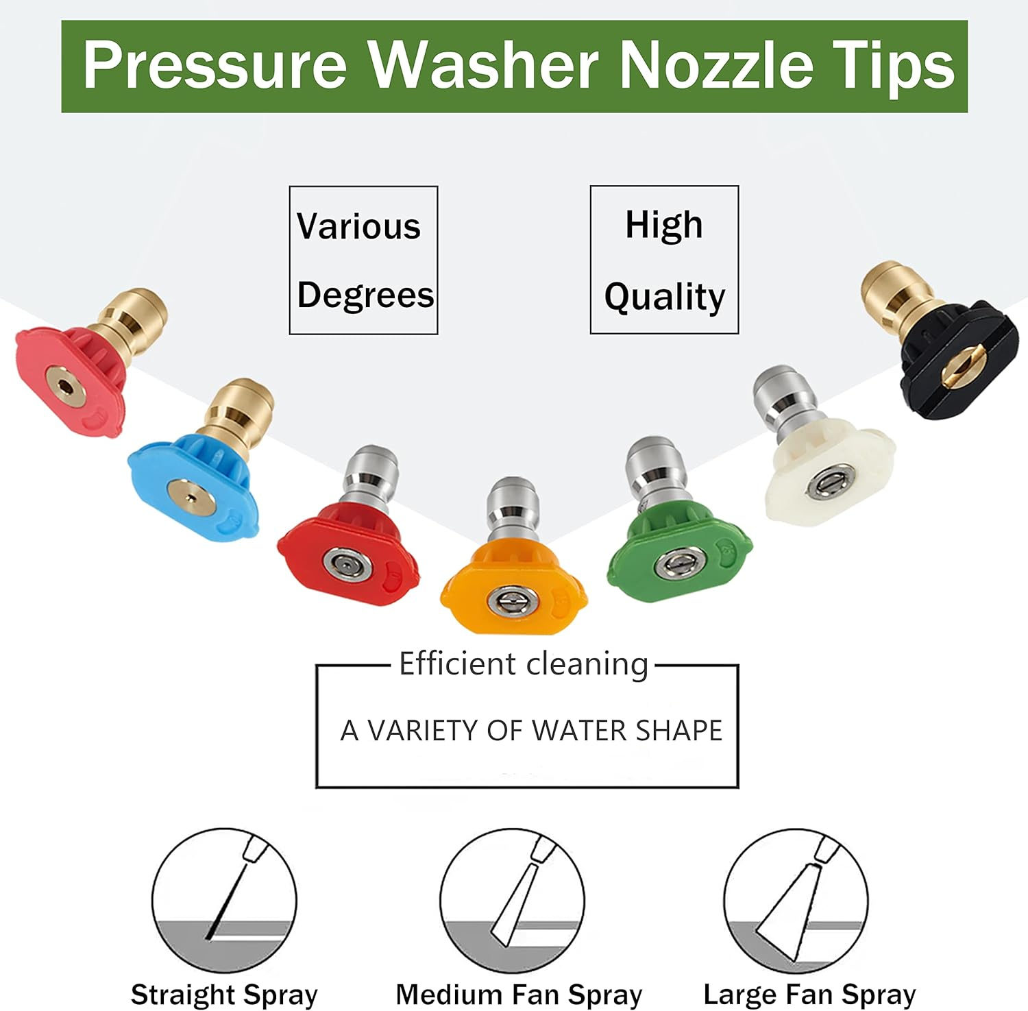 Pressure Washer Nozzle Set, 7 Pack, 5 Degrees (0&deg;, 15&deg;, 25&deg;, 40&deg;, 65&deg;) & 2 Soap/Rinse Nozzles, 1/4 Inch Quick Connect, Stainless Steel, Brass & Plastic, up to 4000 PSI image number 1