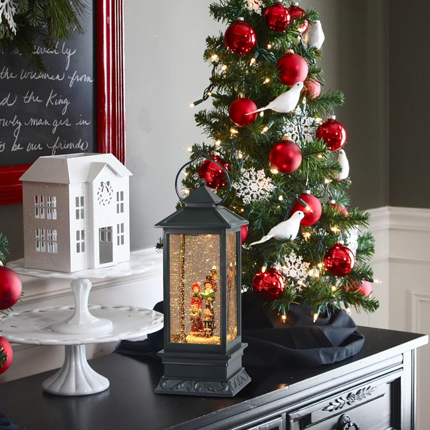 Eldnacele Christmas Musical Snow Globe Lantern Plug in & Battery Operated Glitter Lamp Navitity Scene Lighted Lantern with 6 Hour for Christmas Decoration 12 Inches (Carolers)