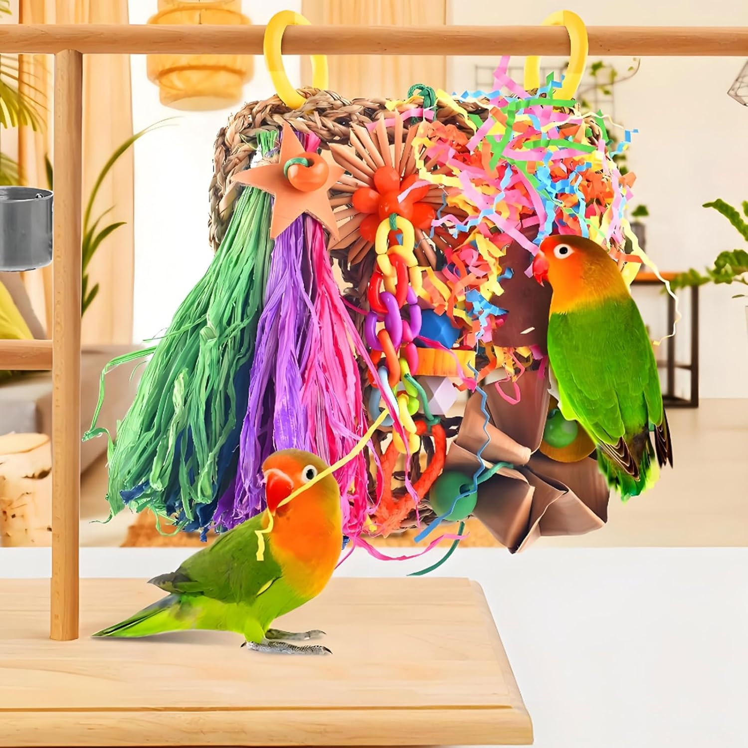 RUIFEN 7.5X7.5In Natural Bird Chew Toy for Small & Medium Parrots &ndash; 3-In-1 Climbing Net with Corn Leaves/Straw Rope/Paper Shreds, Safe for Budgies, Cockatiels & Conures