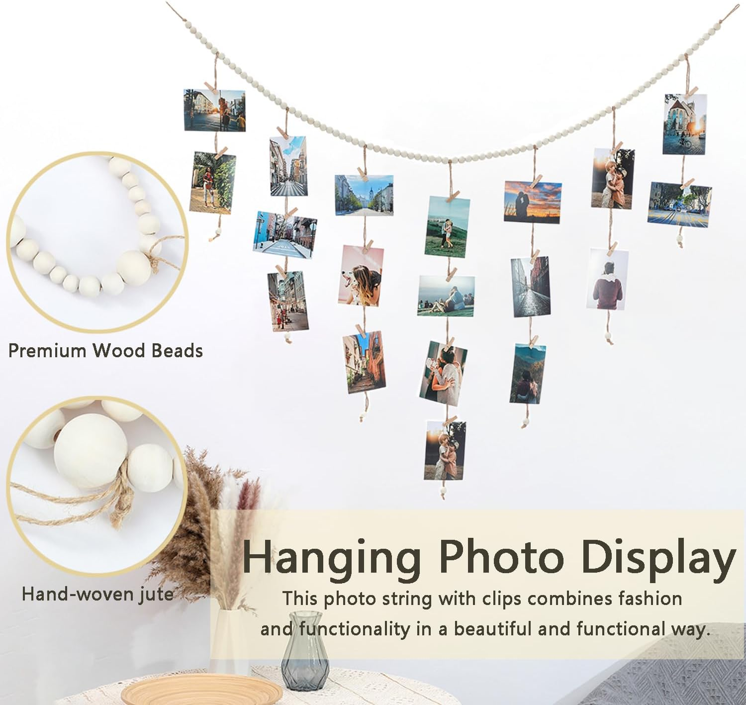 Boho Style Hanging Photo Display with 30 Clips for Bedroom, Living Room, Dorm Wall Decor DIY Picture Collage Board Wall Mounted Photo Display Rope (1) image number 6
