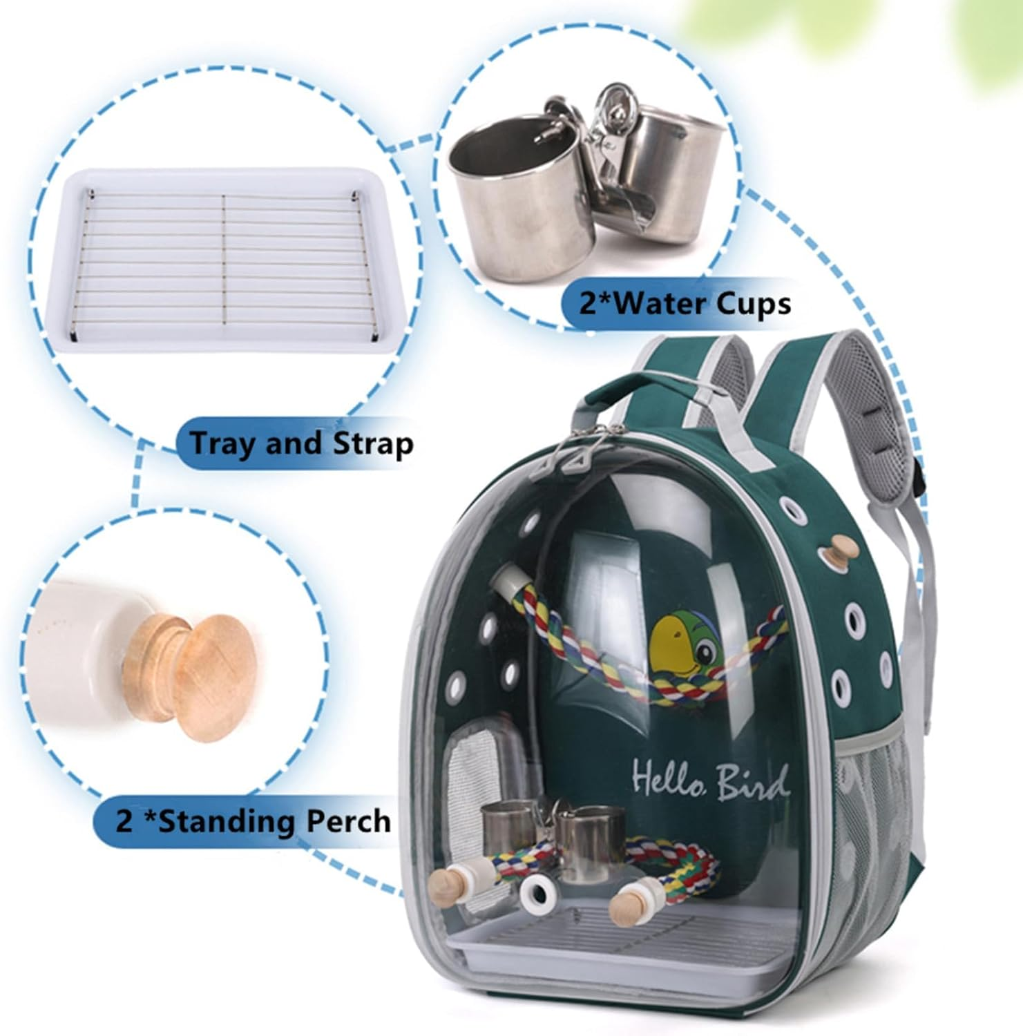 Bird Traval Carrier Cage, Multi Vent Holes Clear Space Capsule Astronaut Backpack to Carry Parakeet Cockatiel Parrot with Metal Tray Wood Perch, Vet Transport Book Bag (Green) image number 5
