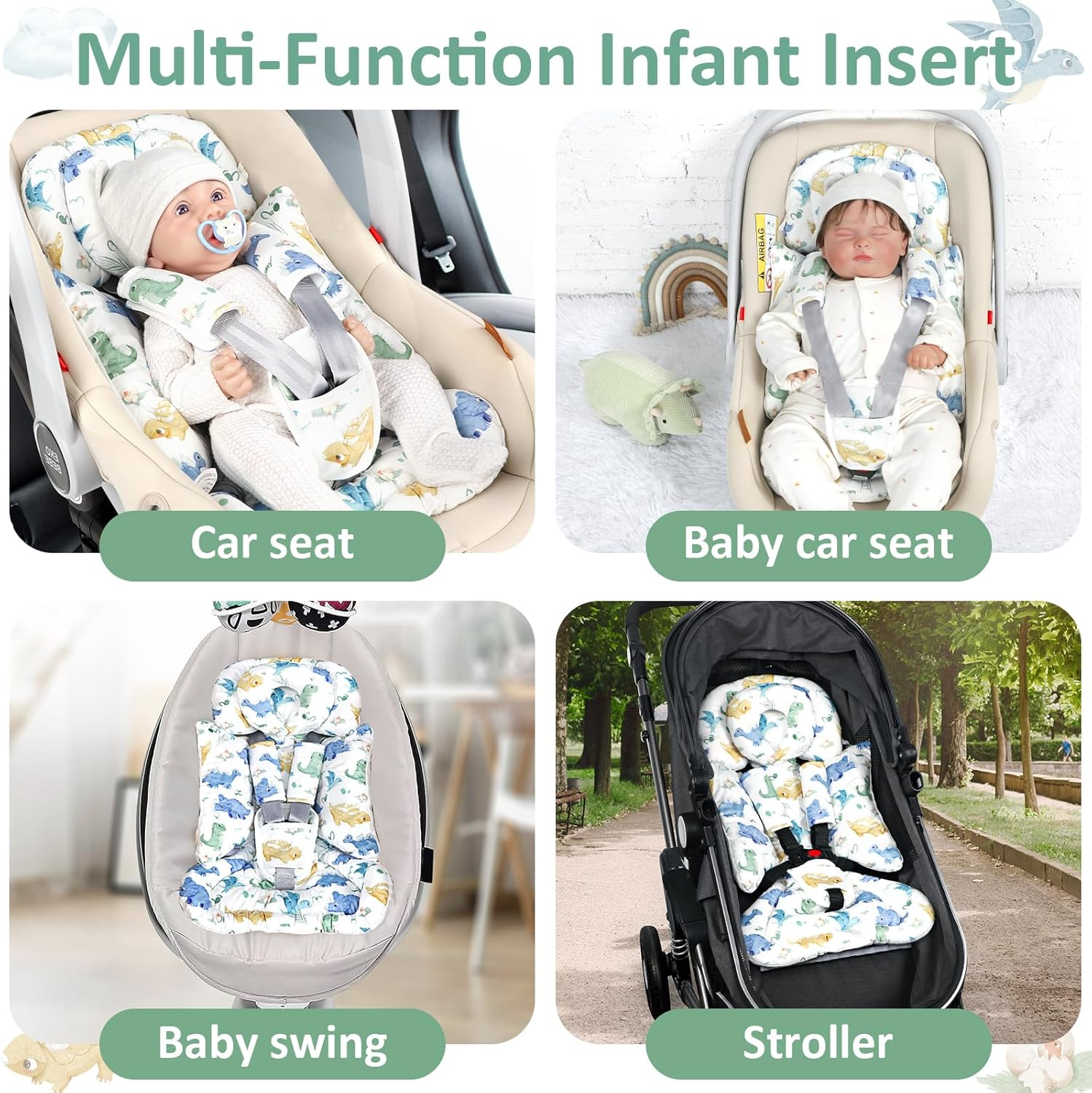 TANOFAR Infant Car Seat Insert for Preemies & Newborns, Baby Car Seat Insert with Removable Head Support, Universal Head and Body Support Pad for Car Seat, Stroller & Swing(Dinosaur)