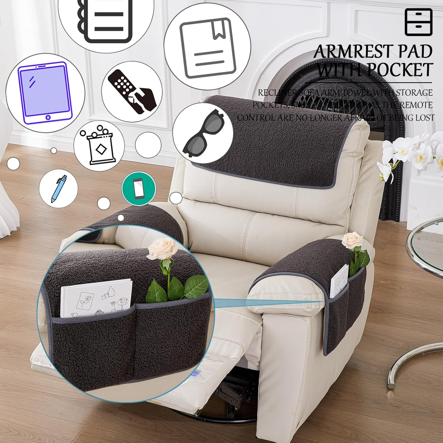 Armrest Cover, Recliner Chair Protector, Furniture Protector Slip, Side Storage Pocket, Stretch Armchair Couch Arm Rest Cover for Recliner, Chair, Sofa (Dark Gray,3 Seater(5Pcs)) image number 2