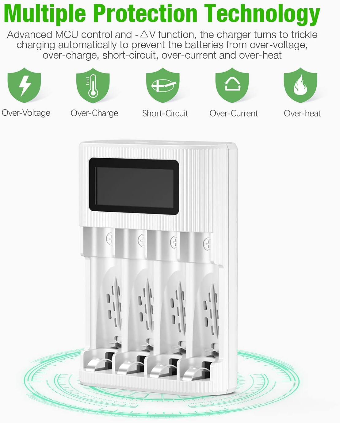 EBL FY-409 AA AAA Battery Charger 4 Slots LCD Charger for AA AAA Rechargeable Batteries with Type C and Micro USB Input, Intelligent Fast Charger