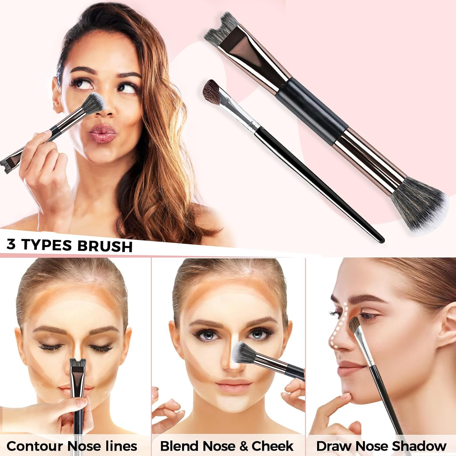 2PCS Nose Contour Brushes, 2-In-1 U-Shaped Brush and Fluffy Brush, Angled Tilt Brush, Nose Brushes Set for Nose Sculpting and Defining image number 5