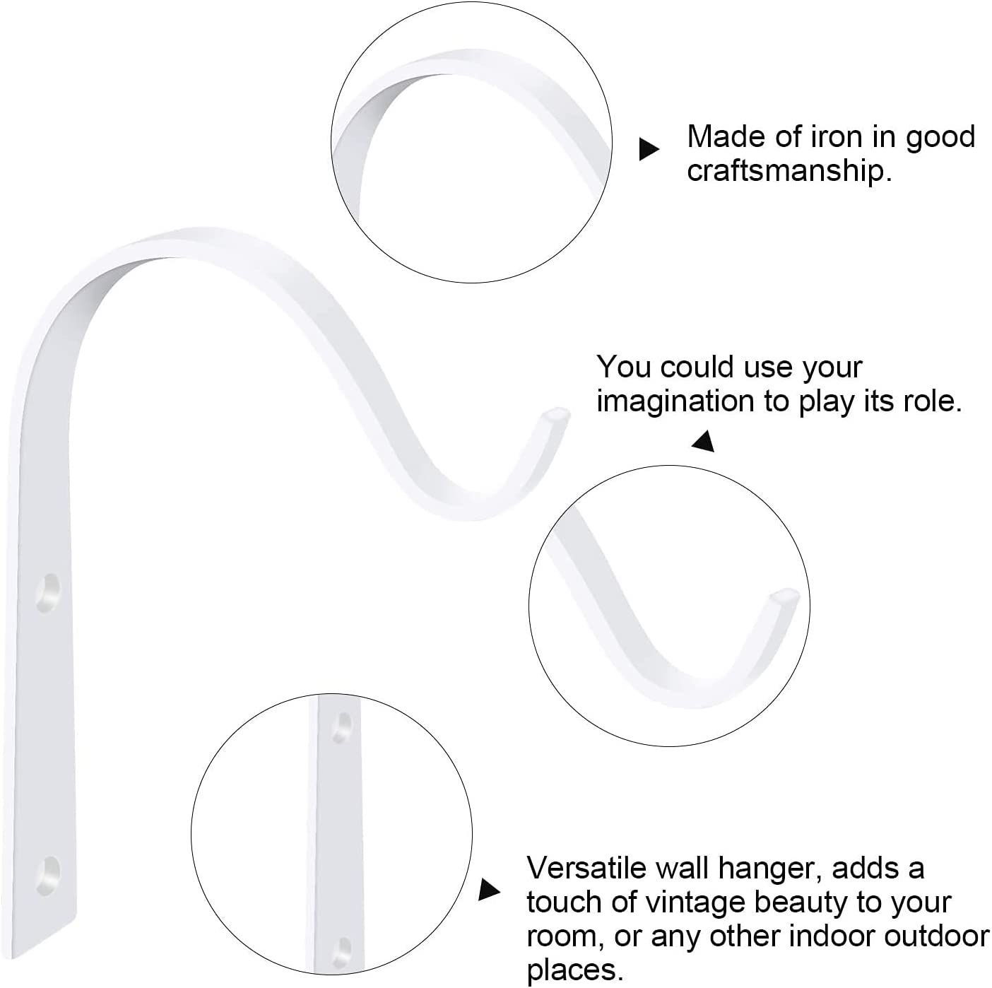 Iron Wall Hooks - 2 Pack White Metal Lantern Bracket Decorative Coat Hook for Hanging Lantern,Bird Feeders,Wind Chimes,Plant Planter,Coat, Indoor Outdoor Rustic Home Decor image number 3