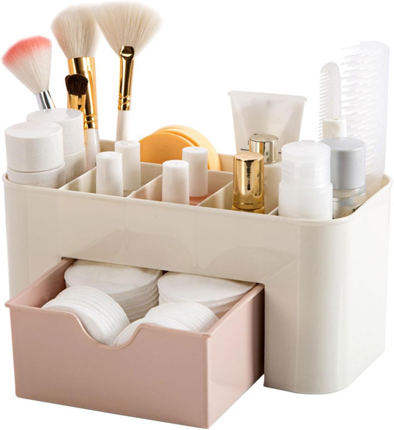 Makeup Organiser - Makeup Storage Box, Cosmetic Storage Organiser | Cosmetic Brush Holder Desk Organiser, Cosmetic Storage Box Drawer Type, Vanity Organiser for Cosmetics, Lipsticks, Jewellery, Pink, - Green image number 2