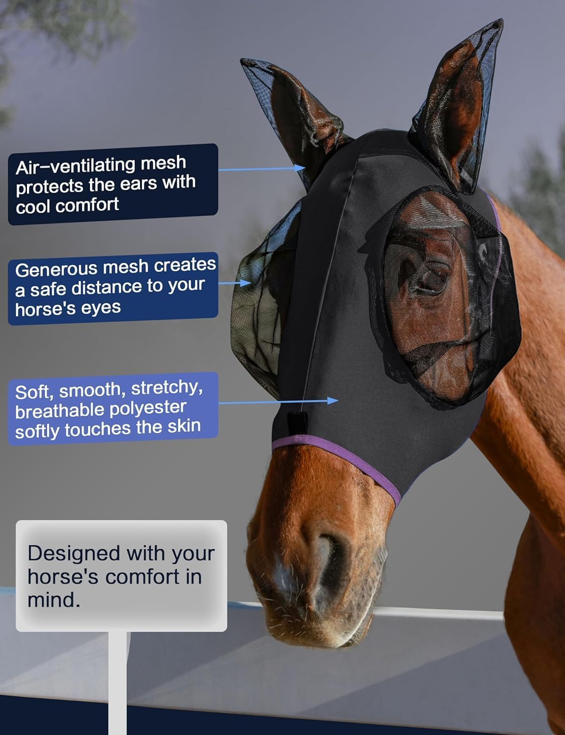 Horse Fly Mask with Ears, UV Protection for Horses, Elasticity with Big Mesh Eye Covers, Snug Fitting Comfortable Breathable Lightweight for Horses (Black, One Size) image number 1