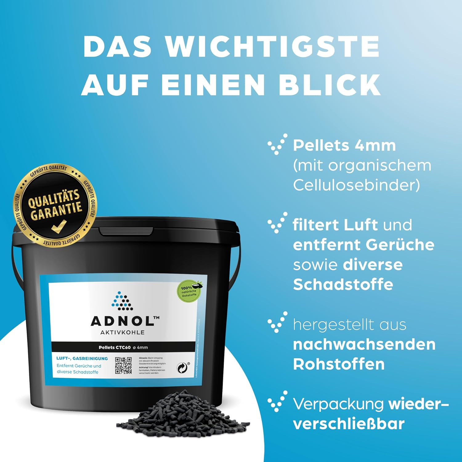 ADNOL&reg; Activated Carbon Pellets 3 Litres Made of Coconut Shells for Air Purification and Gas Cleaning E.G. for Cooker Hoods, CTC60, Diameter 4 Mm, Energy Class A, Can Be Used as Carbon Filter image number 6