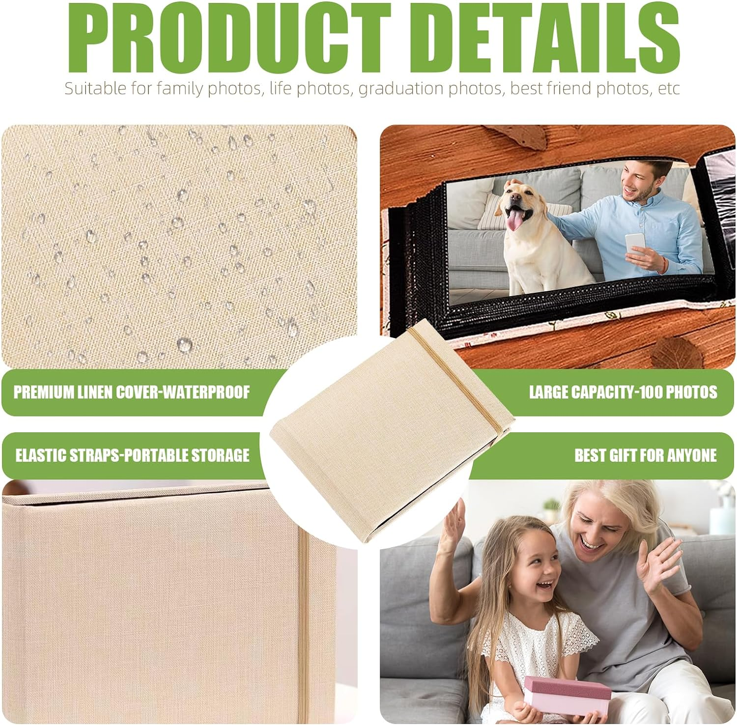 Powerful Photo Album 4X6 100 Pockets Linen Cover Small Picture Album Book for Wedding Family Baby Anniversary (Beige) - Grey image number 7