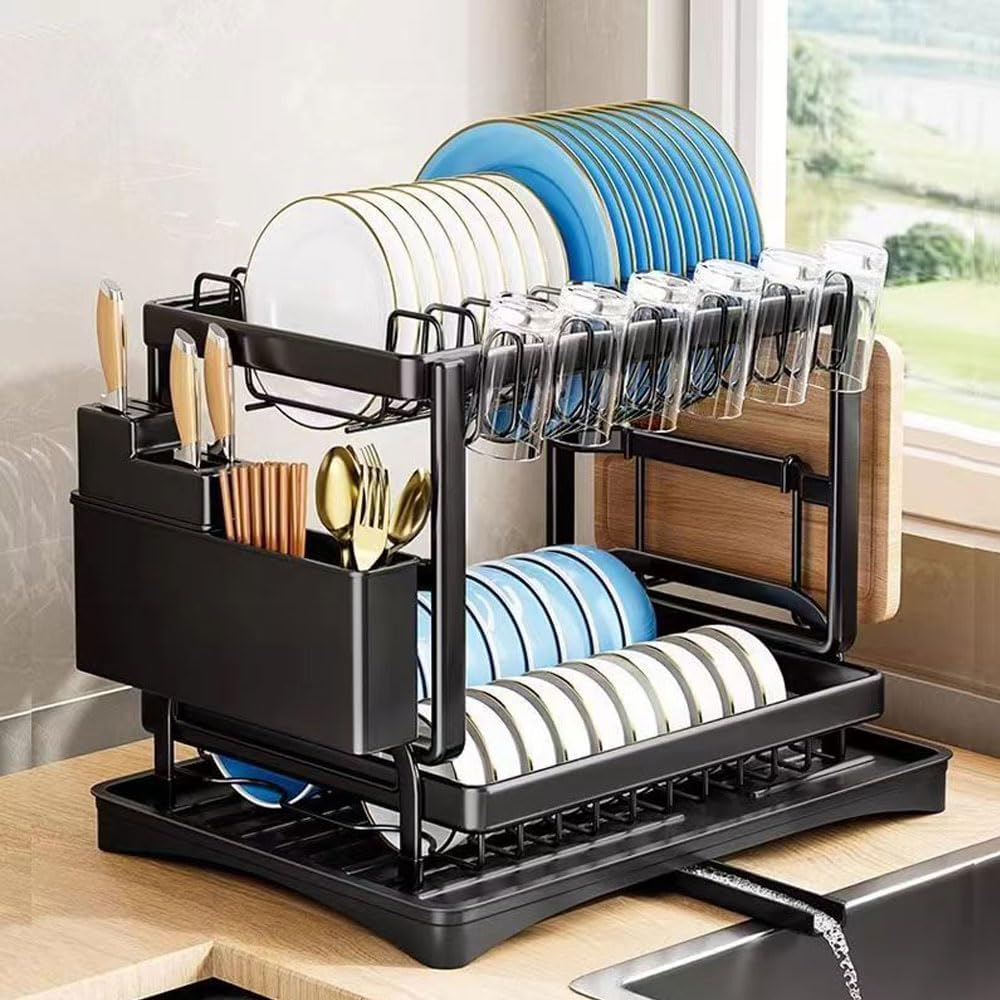 Dish Drying Racks for Kitchen Counter Large Capacity Double-Layer Dish Drying Rack - with Knife/Utensil & Cutting Board Holder, Drainage Tray image number 2
