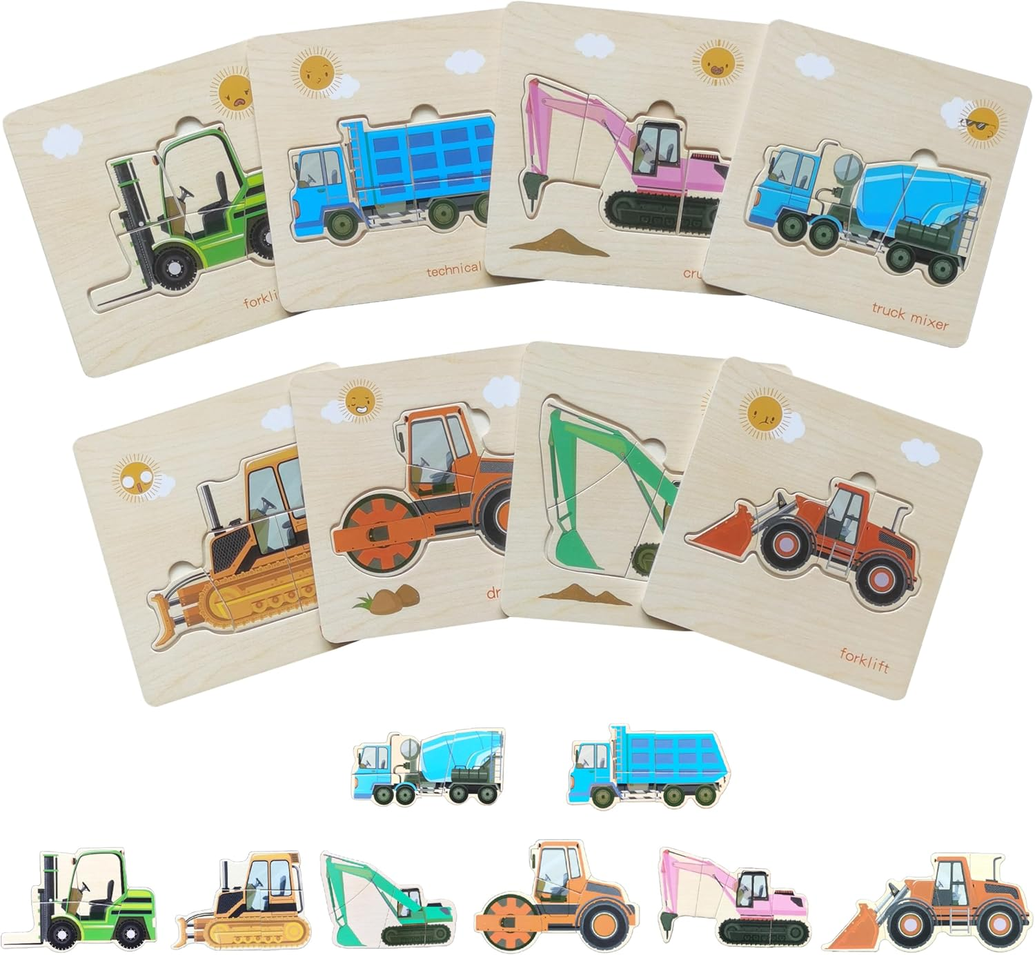 Toddler Puzzles,Set of 8,Wooden Jigsaw Puzzle for 2 3 4 Year Old Baby Boy or Girl,Toddlers Gift,Preschool Learning Educational Toy [Color & Shape Cognitive Skill],Construction Vehicle Puzzle image number 1