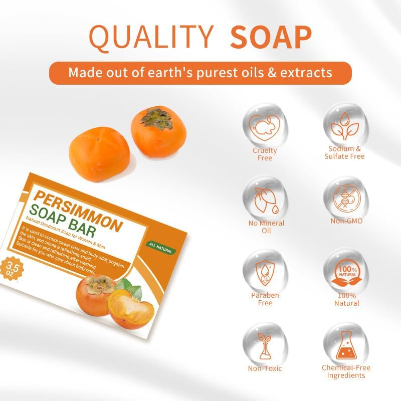 Persimmon Soap Bar for Body Odor Removal, Natural Deodorant Bath Soap for Old People Smell, Handmade Persimmon Green Tea Soap for Face & Body Wash, Deeply Cleansing & Moisturizing Bar 100G (1Pcs) - 3Pcs image number 4