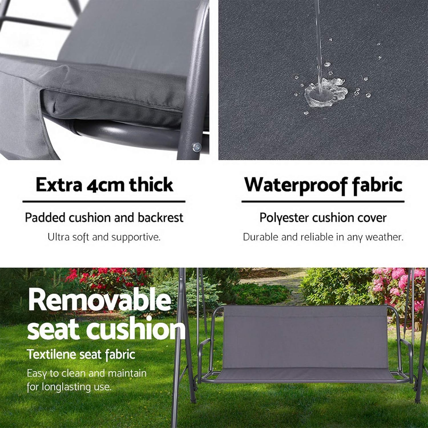 Gardeon Outdoor Swing Chair 3 Seater Grey Garden Bench Hanging Seat, Patio Baconly Furniture Chairs, with Adjustable Canopy Cushions Stand Water Resistant 200Kg Capacity