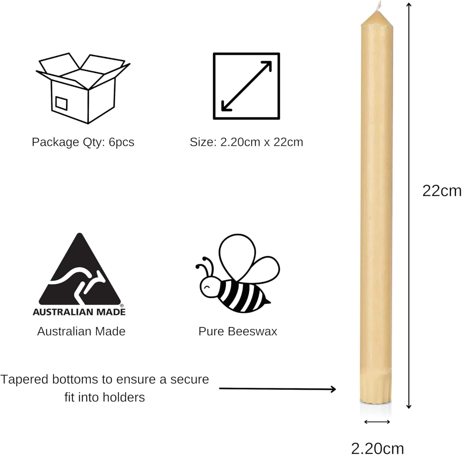 6Pcs Australian Made 100% Pure Organic Beeswax Tapered Candles, 14HR Burn Time, Meditation/Prayer Taper Candles - 22Mm X 220Mm, Natural Beeswax Candles, Organic Beeswax Taper Candles (22Mm X 220Mm) image number 1