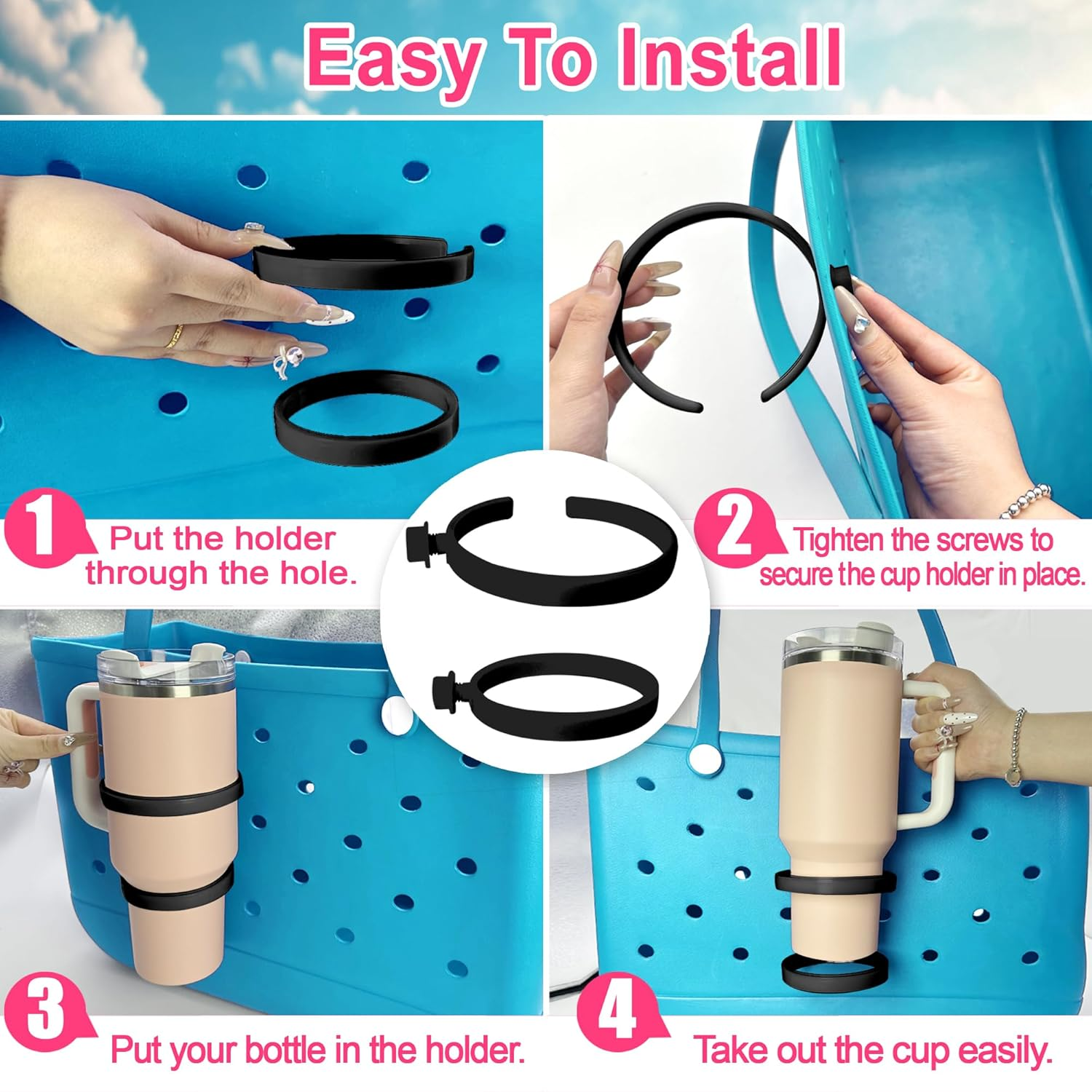 Bogg Bag Cup Holder for 30Oz 40Oz Stanley, Adjustable Insert Drink Holder Compatible with Bogg Bag/Simply Southern Beach Tote Bag, Water Bottle Holder Attachment for Bogg Bag Accessories - Black image number 3