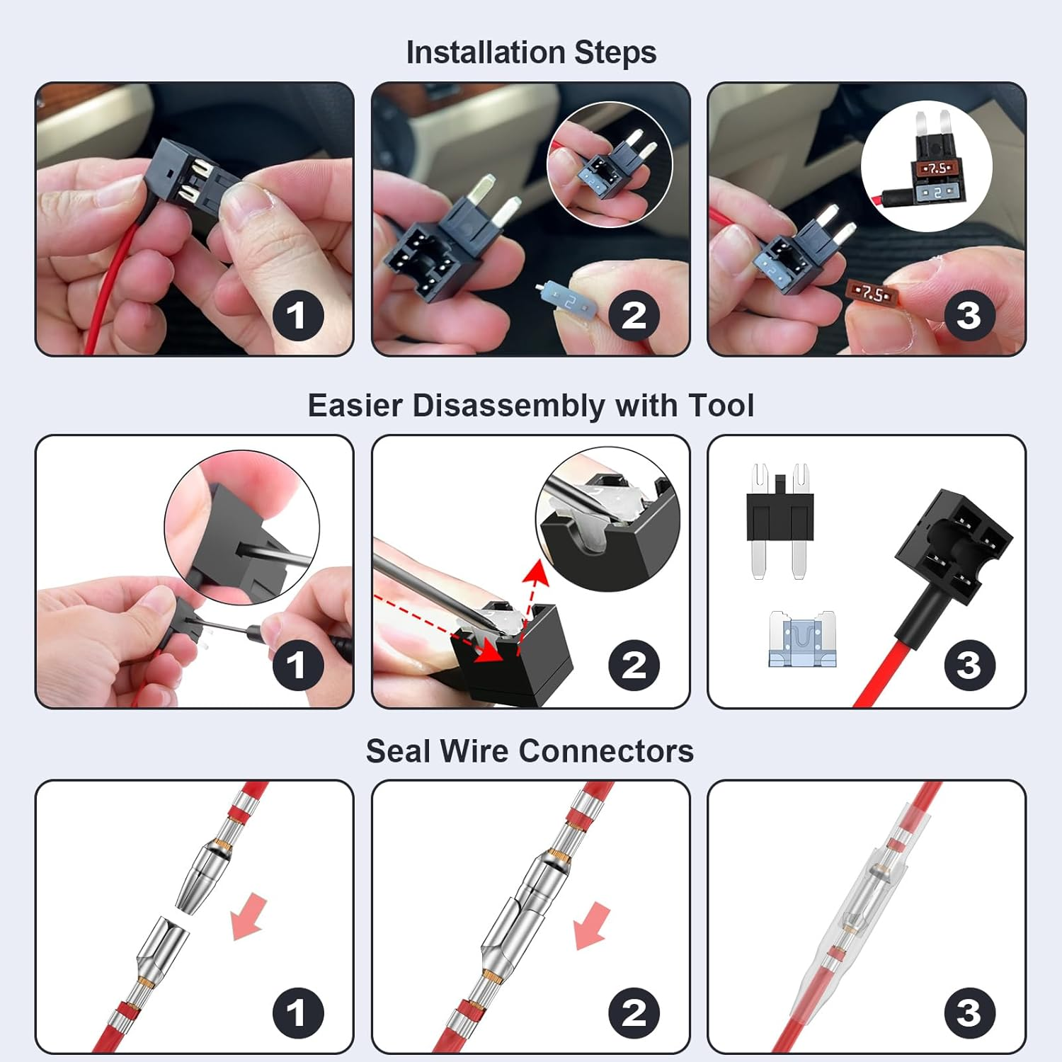 Range Tour Dash Cam Hardwire Kit Mini USB, 4M 12V-24V to 5V 2.5A (Also Fits for 1-2A) Hard Wiring Kit for Car Camera, 4 Power Adapters 3 Fuses image number 3