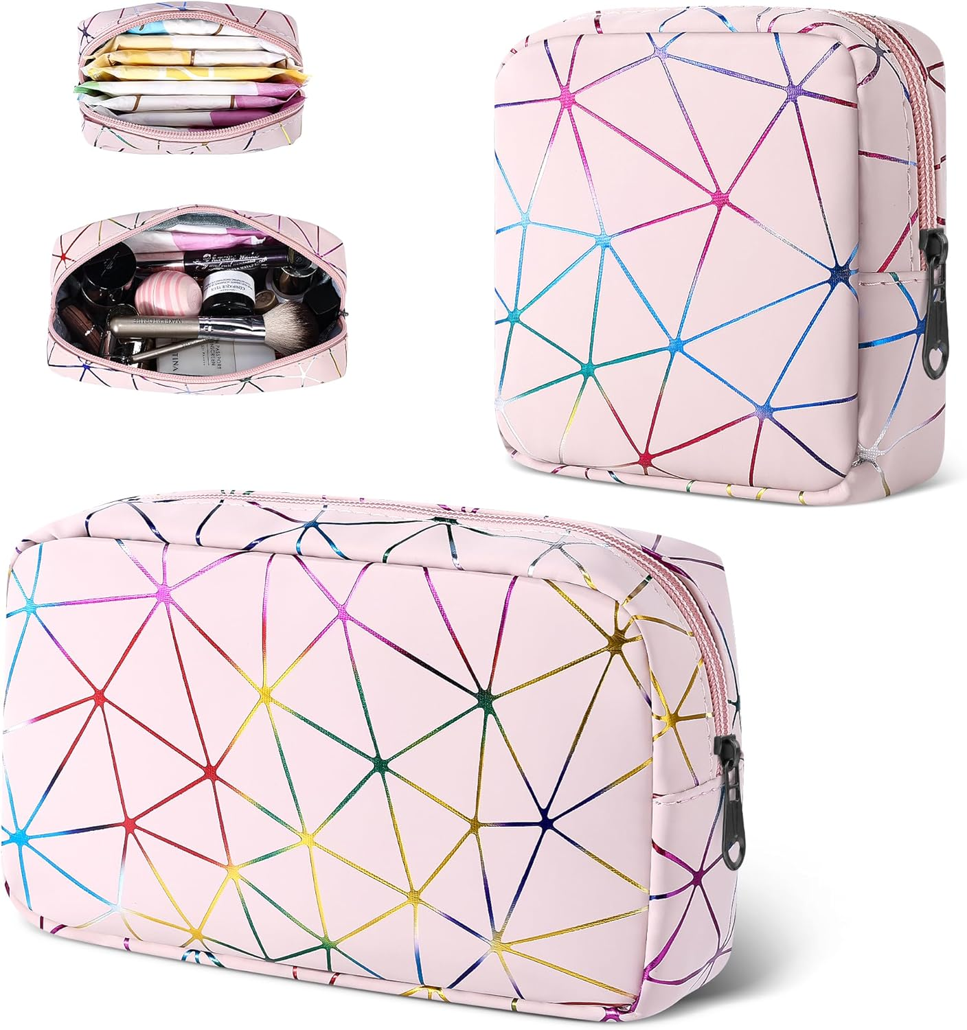 Period Bag for Teen Girls, Leather Sanitary Napkin Storage Bag, Portable Menstrual Pad Bag Period Pads Pouch, Small Make up Bags, Beige Gold, Fashions image number 3