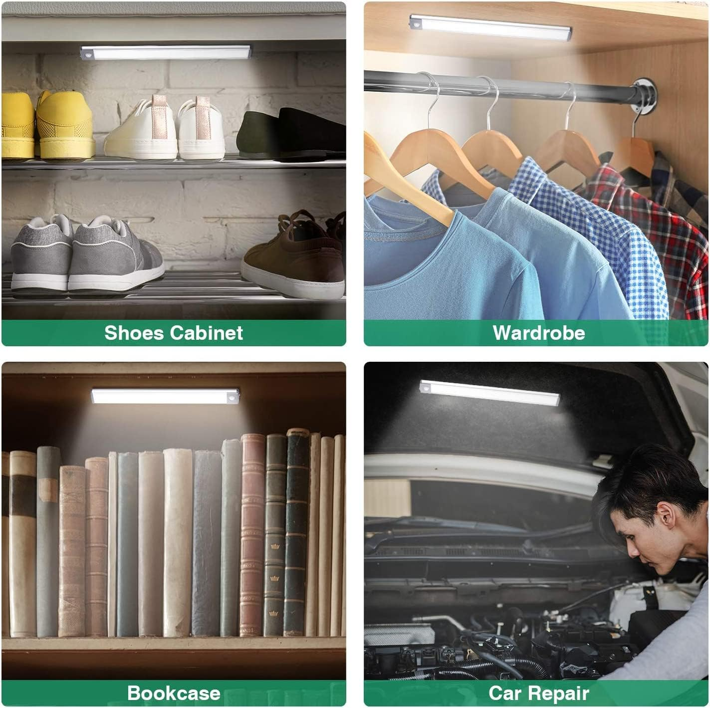 LED under Cabinet Light, Motion Sensor Lights Indoor Rechargeable 30Cm 54LED Closet Lighting, Wireless Night Light for Cabinet, Drawer, Wardrobe, Kitchen (Silver-White) - Black-White-2Pack image number 6