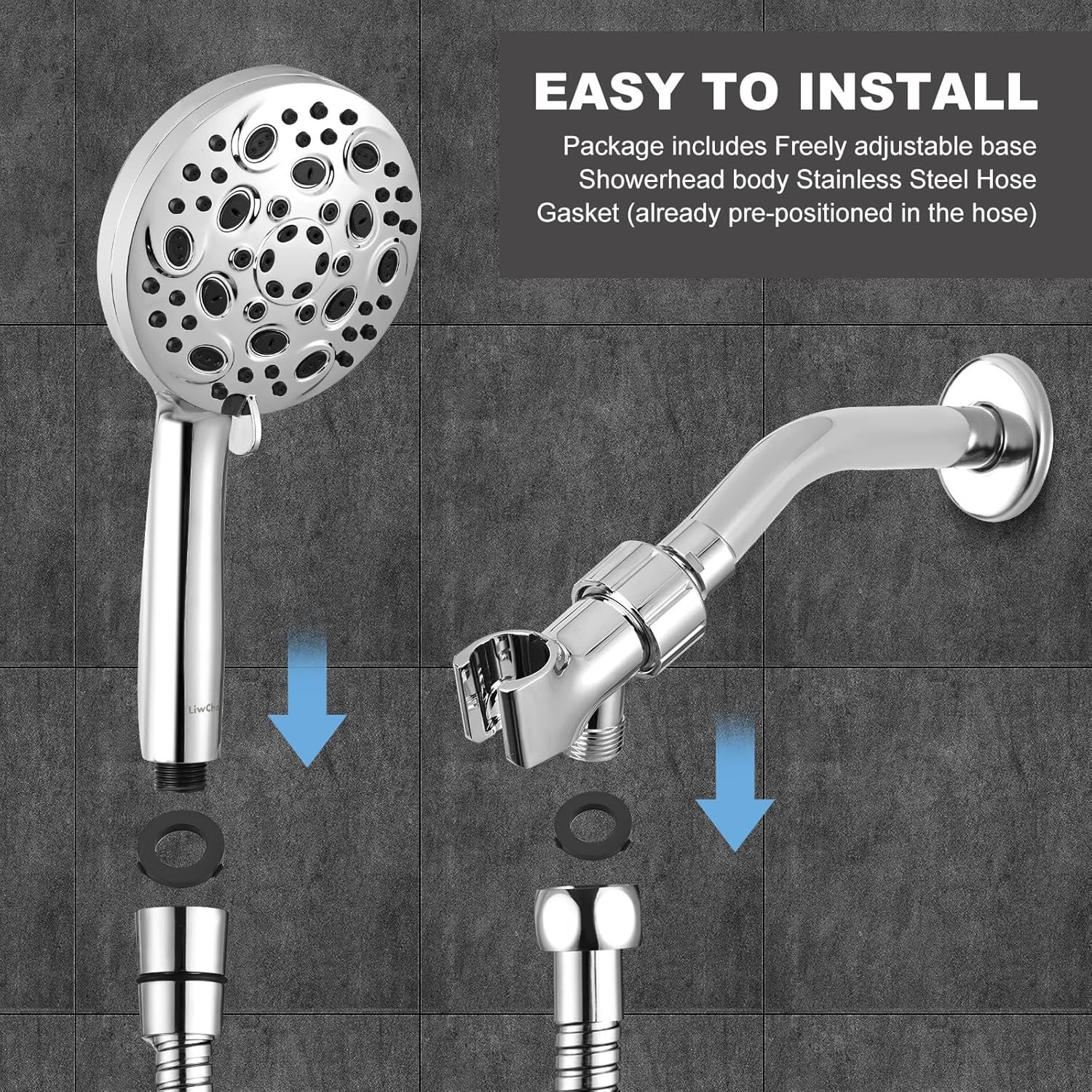 Liwcho High Pressure 10 Functions Shower Head with Handheld - Luxury Modern Chrome Look, Built-In Power Spray to Clean Corner, Tub and Pets, with Stainless Steel Hose Adjustable Bracket (Chrome) image number 5