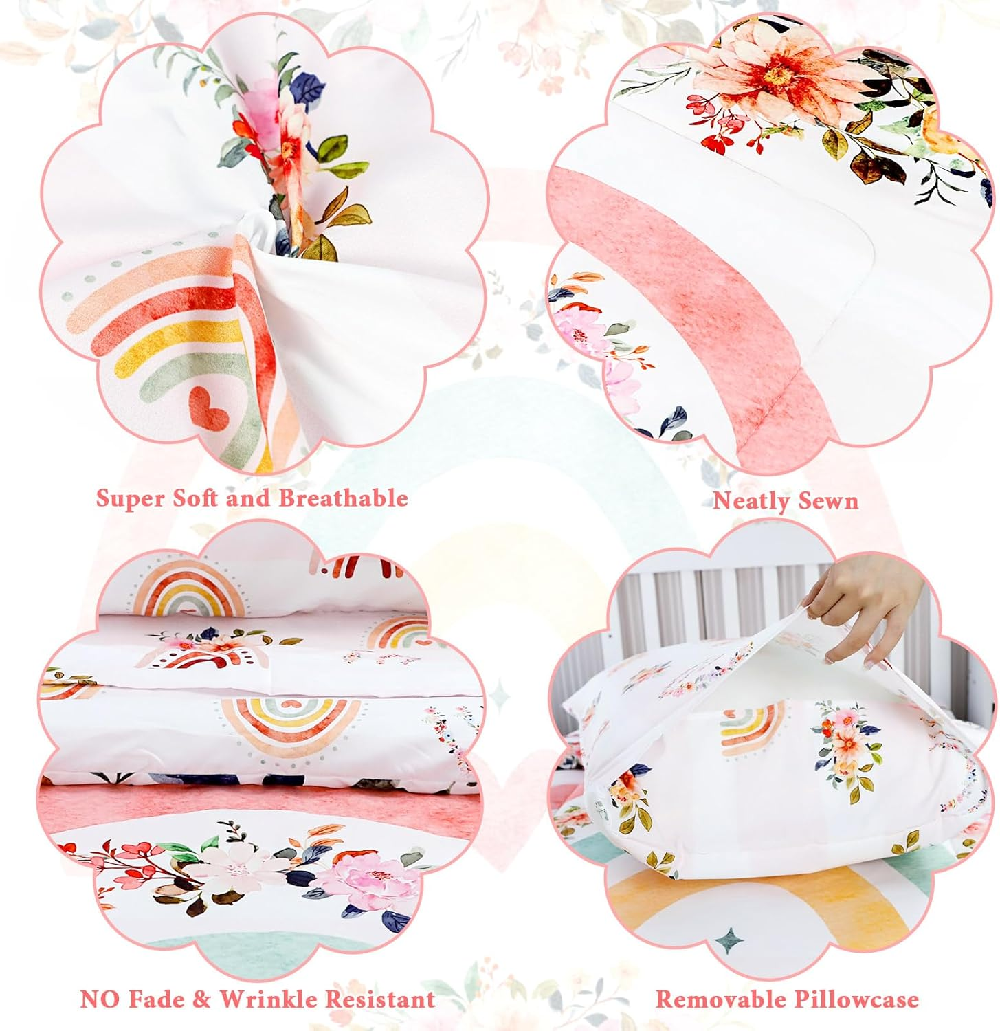 Toddler Bedding Sets for Girls, Rainbow Toddler Crib Bedding Set 4 Piece Pink Floral Toddler Comforter Set Includes Flat Top Sheet, Fitted Sheet, Comforter, Envelope Pillowcase, Soft & Comfort - Floral  Rainbow image number 2